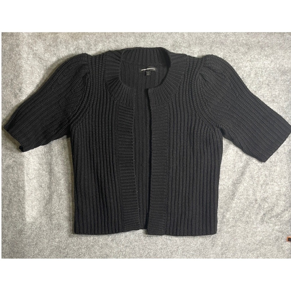 Express Design Studio Black Ribbed Knit Short Sleeve Puff Shoulder Cardigan L